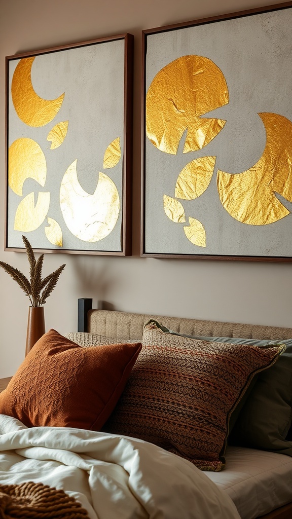A boho bedroom featuring gold leaf wall art above a wooden bed with colorful pillows and a vase of flowers on a side table.
