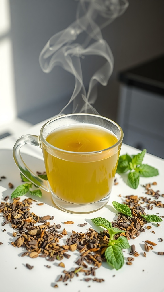 A steaming cup of green tea with mint leaves and spices.