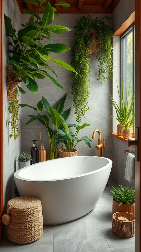 A chic bathroom featuring lush greenery and natural elements.