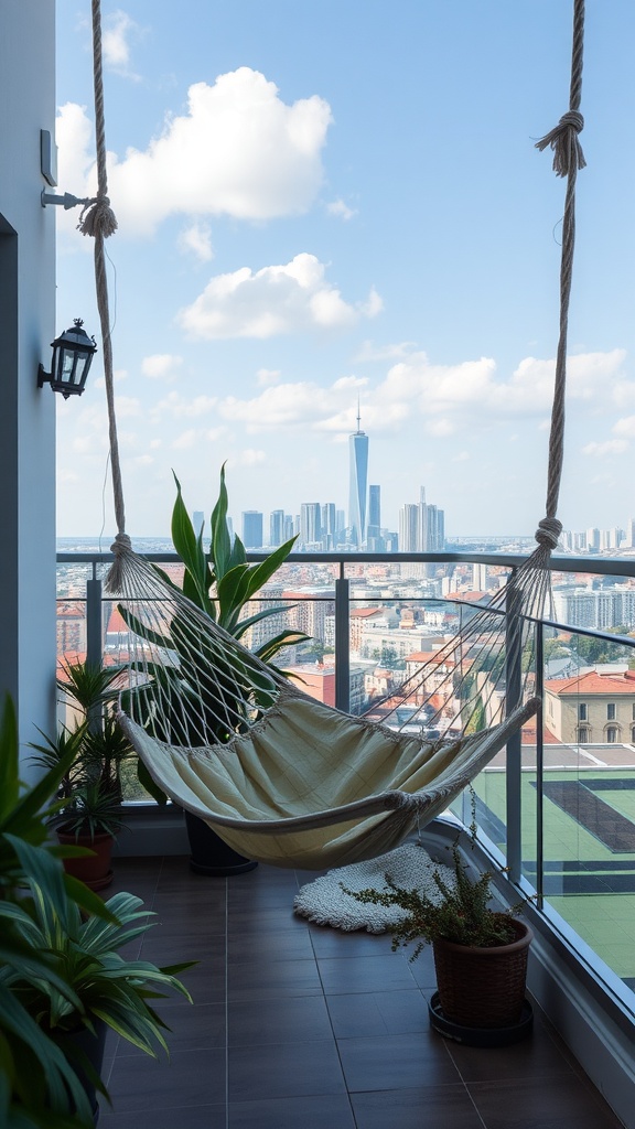 A stylish hammock on a balcony with a cityscape view.