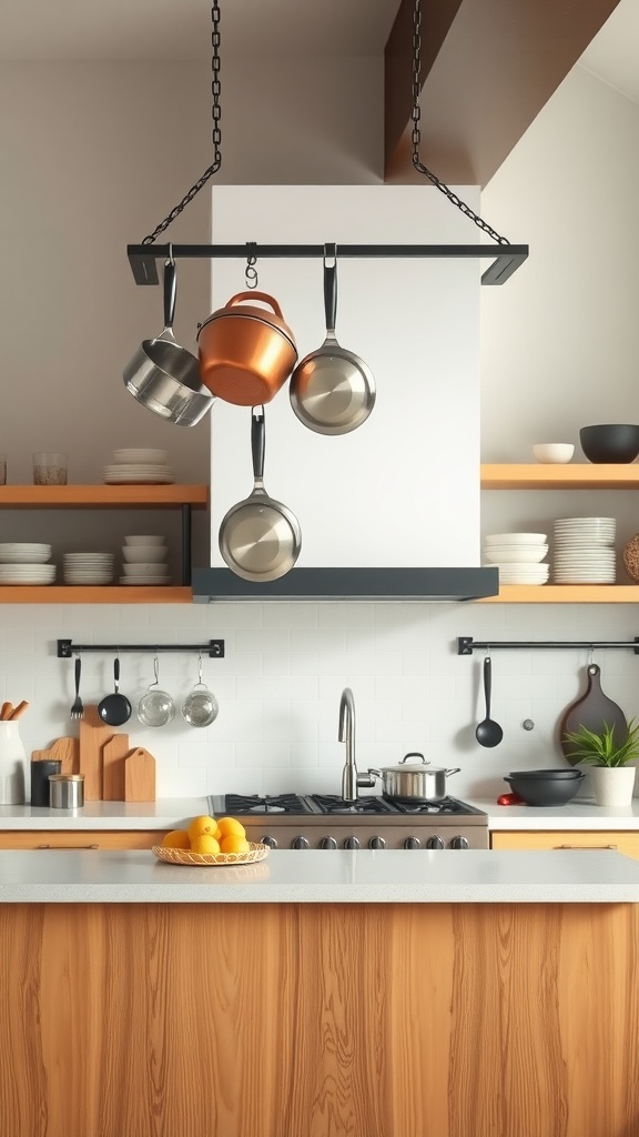 Hanging pot and pan organizer in a modern kitchen.