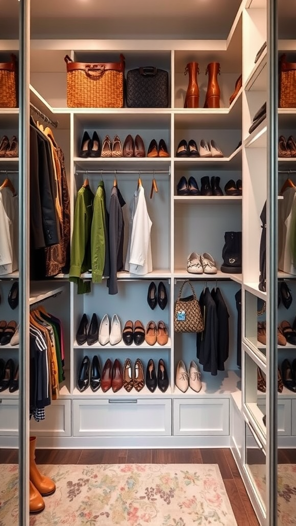 A neatly organized closet with hanging shoe shelves displaying various pairs of shoes