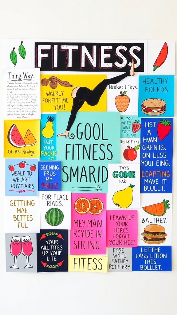 A colorful fitness goals board filled with images and words related to health and wellness.