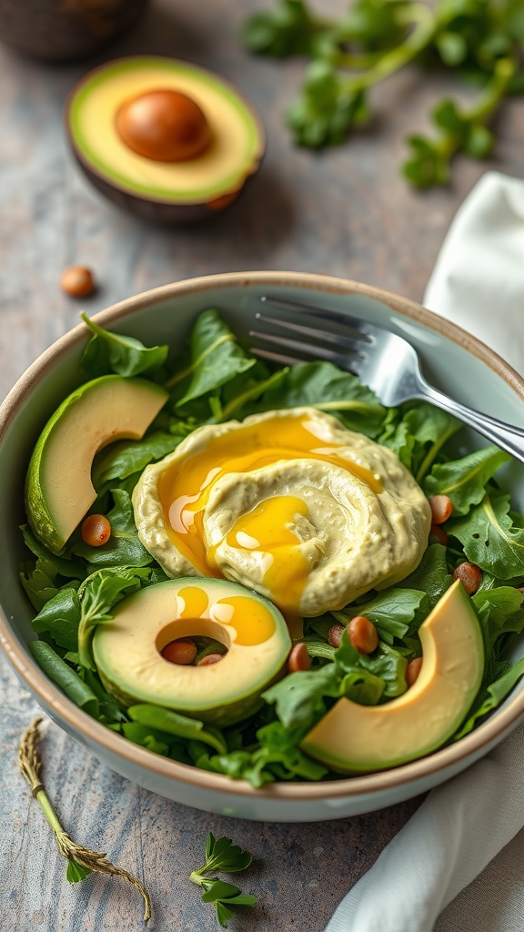 A bowl of salad with avocado, eggs, and greens.