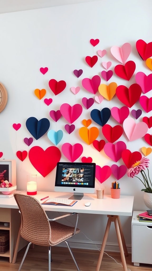 A colorful display of heart-shaped wall art above a modern desk with a computer.