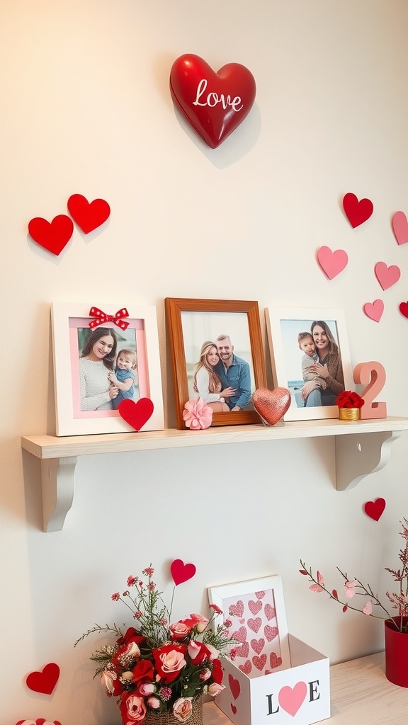A cozy home office decorated with heart-shaped motifs, framed photos of loved ones, and a small flower arrangement.