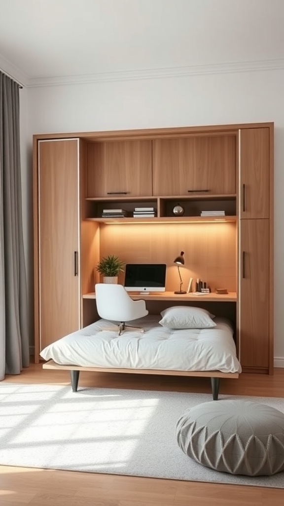 A hidden office setup with a Murphy bed, featuring a desk, computer, and a comfortable chair.