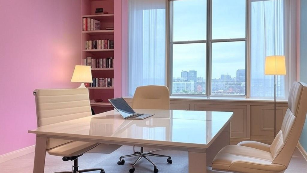 a bright and feminine home office in pink wall background