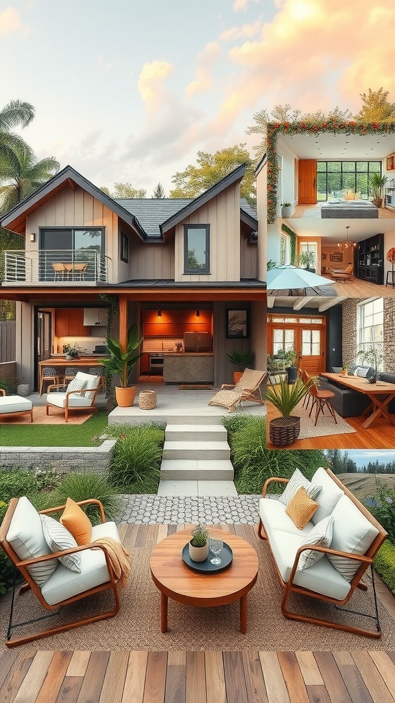 A modern home showcasing a beautiful garden, cozy outdoor seating, and inviting interiors.