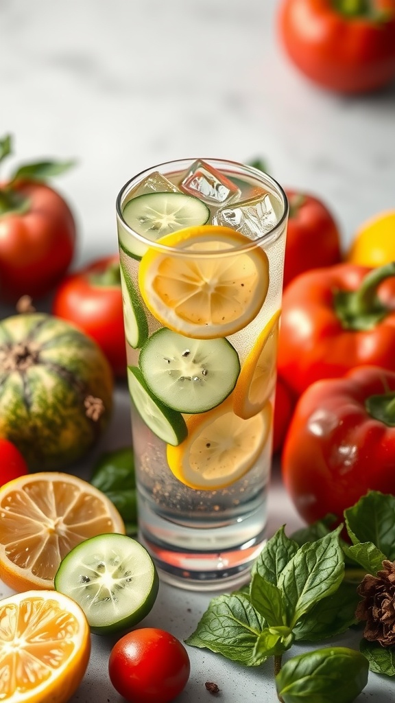A refreshing glass of water with cucumber and lemon slices surrounded by fresh vegetables.