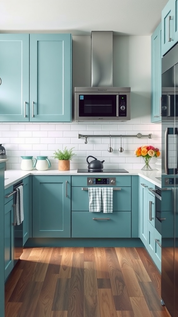 A modern kitchen featuring icy blue cabinets and wooden flooring.