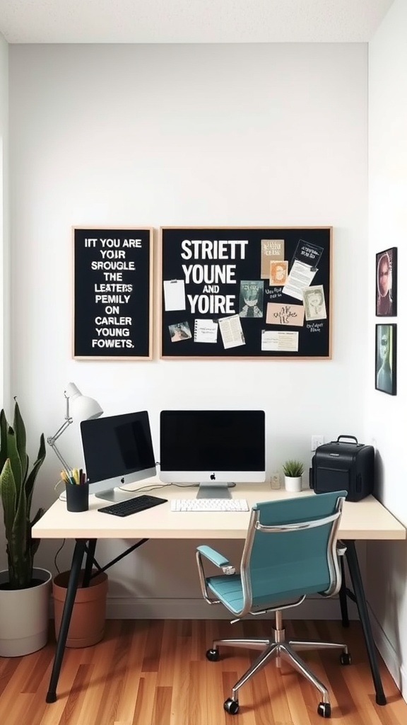 A cozy tiny home office setup featuring a desk with two monitors, a plant, and inspirational art on the wall.