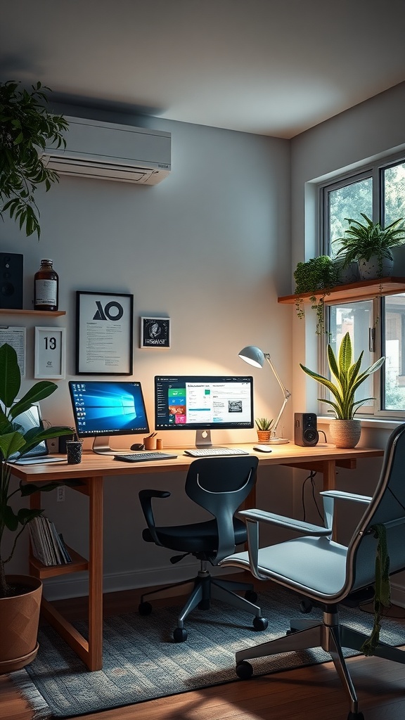 A cozy home office with plants, two computer monitors, and a stylish chair.