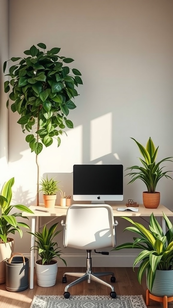 Bright home office with various potted plants and a modern desk setup.