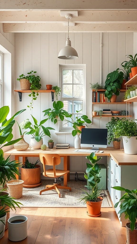 Cozy farmhouse home office with abundant greenery and modern decor.