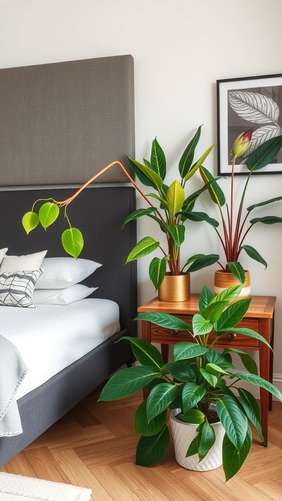 A cozy bedroom featuring various indoor plants on the bed and bedside table, enhancing the fresh and inviting atmosphere.