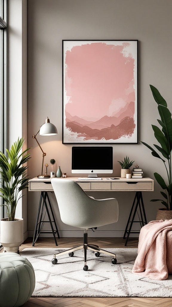 Stylish home office featuring a pink and sage color scheme with metallic accents.