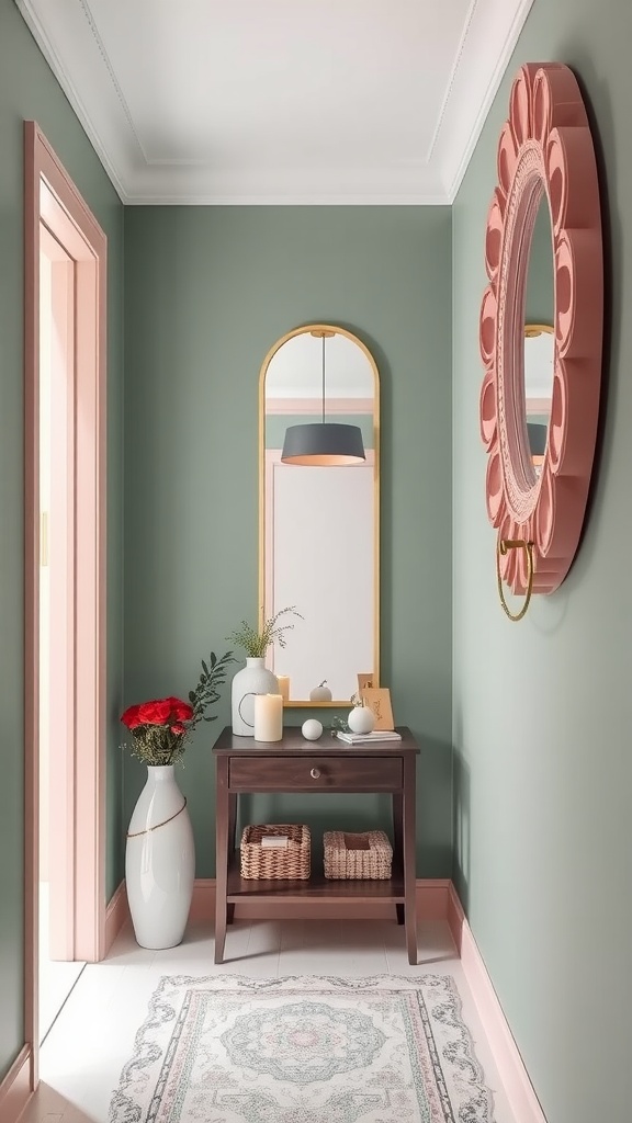 An elegant mirror in a narrow hallway with a wooden cabinet beneath it.
