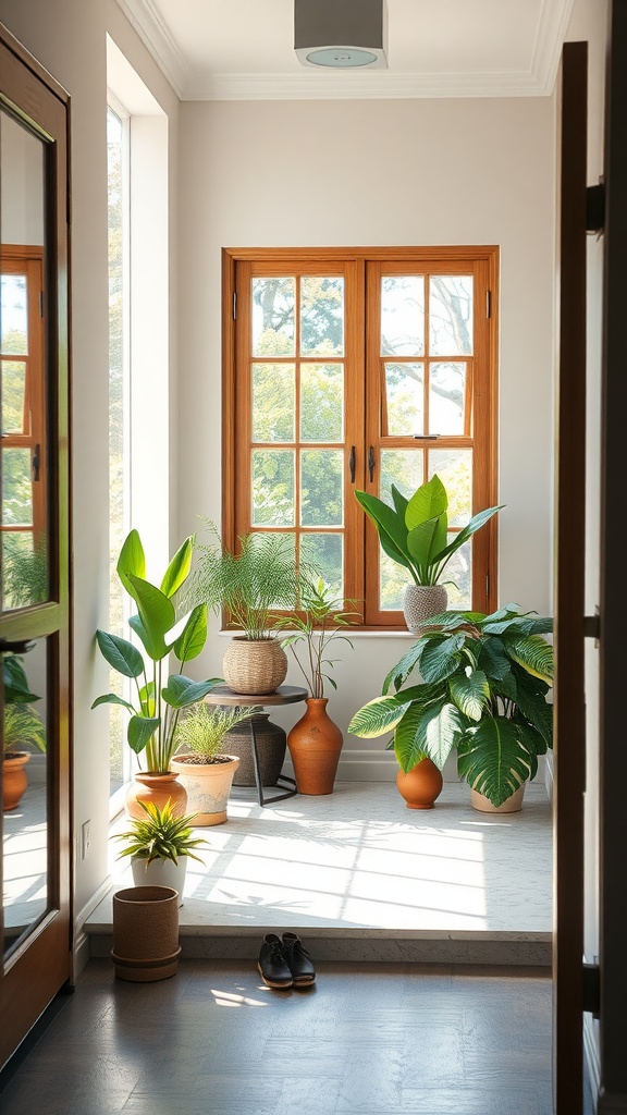 Bright entryway with large windows and potted plants.