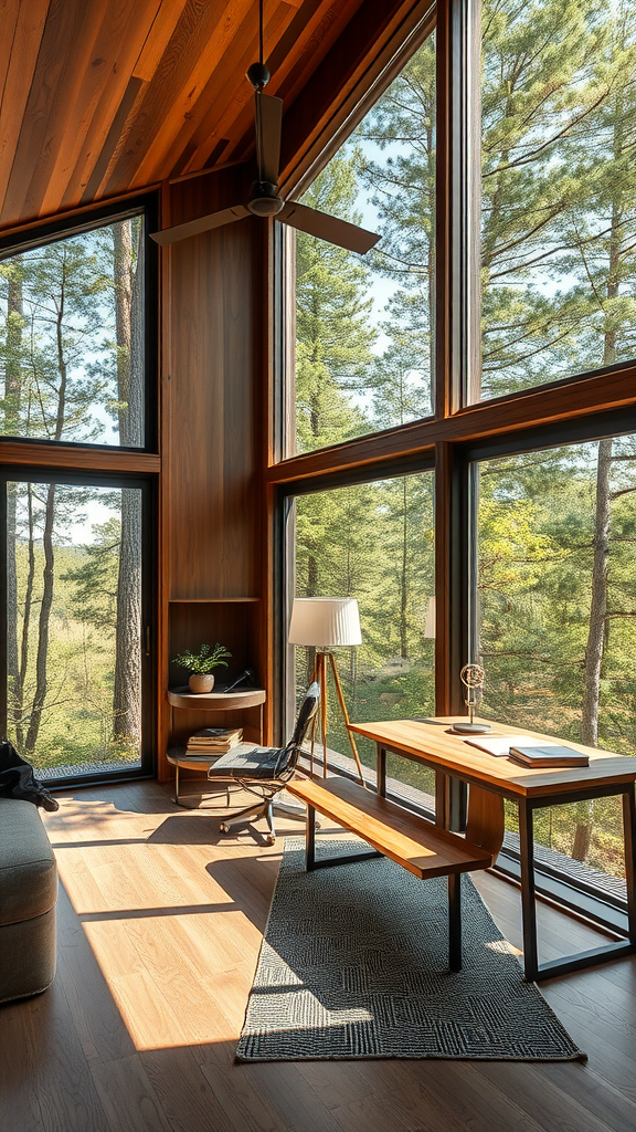 A modern home office with large windows overlooking greenery and mountains.