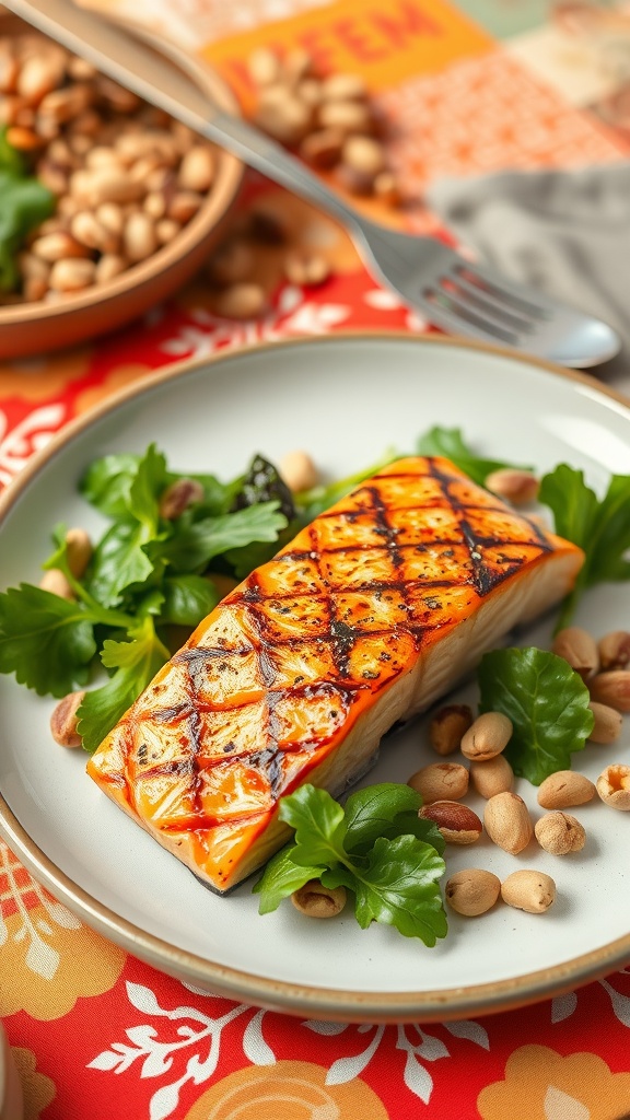 Plate of grilled salmon with greens and nuts.