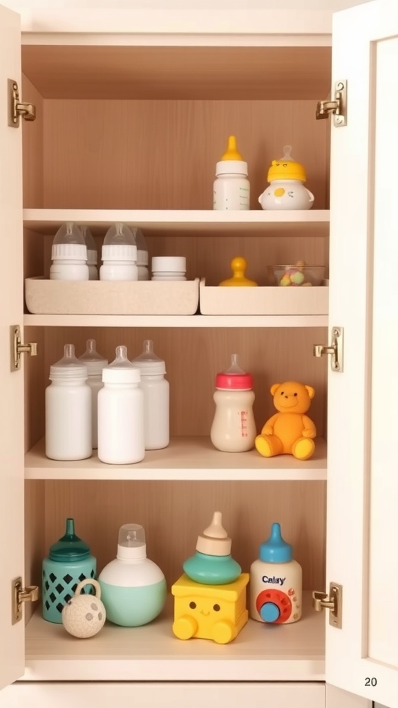 A neatly organized baby cabinet with various bottles and toys, featuring shelf dividers.