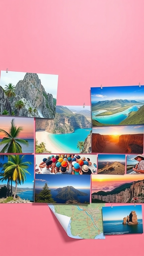 Colorful vision board with travel destinations and scenic landscapes