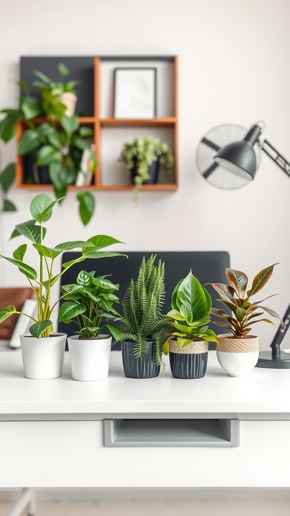 A modern home office desk with various indoor plants in stylish pots.