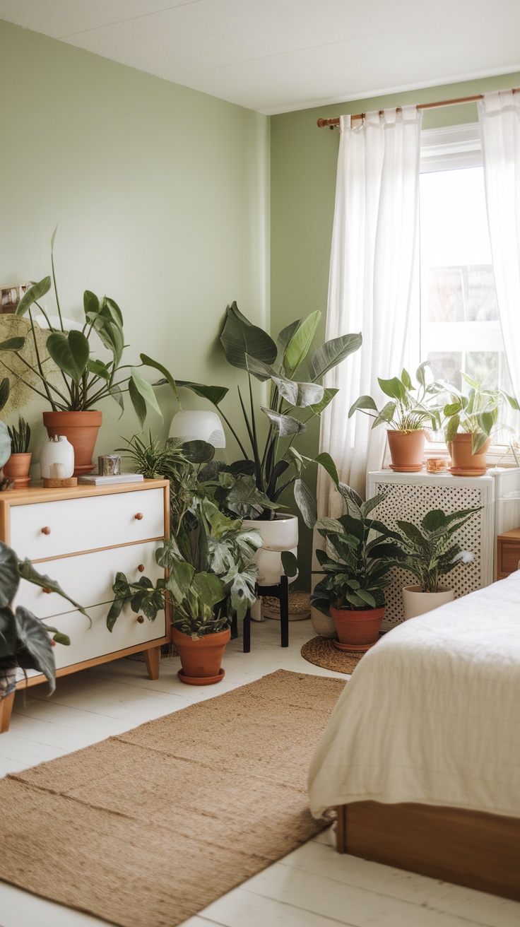 A cozy bedroom filled with various indoor plants, showcasing a boho minimalist style.