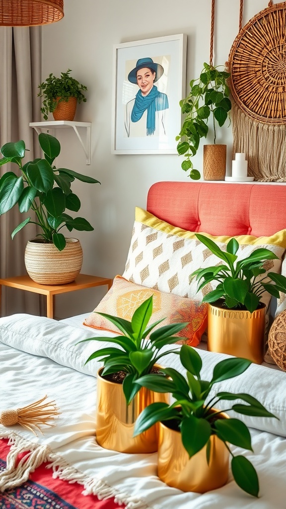 A cozy boho bedroom featuring indoor plants in gold pots against a pink wall.