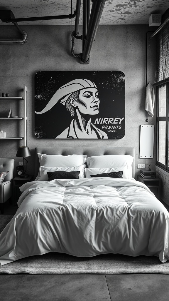 A black and white industrial bedroom featuring concrete walls, metal accents, and bold artwork.