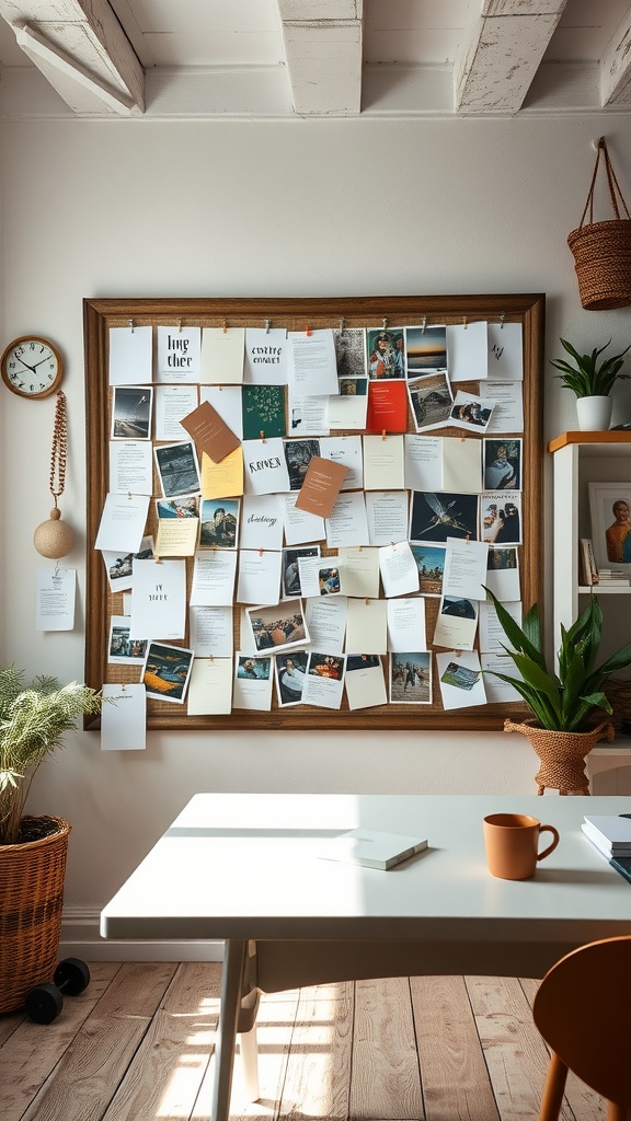 A cozy farmhouse home office with a pin wall filled with notes and images.