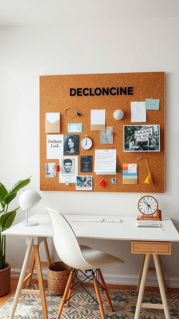 A modern home office featuring a cork inspiration board filled with photos and notes.