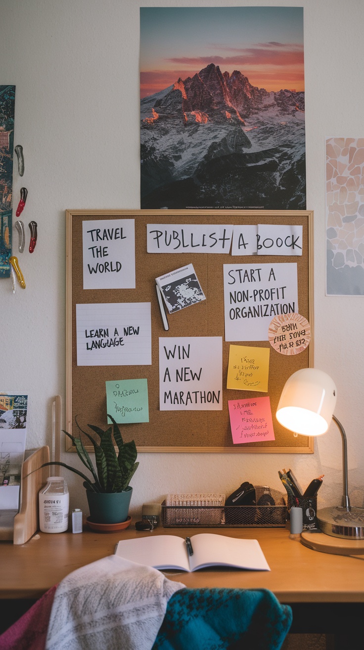 A cozy dorm desk featuring an inspirational vision board with goals like traveling, learning a language, and publishing a book.