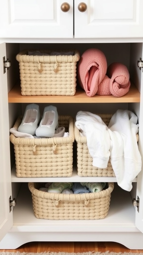 A neatly organized cabinet featuring pull-out baskets filled with baby clothes and shoes.