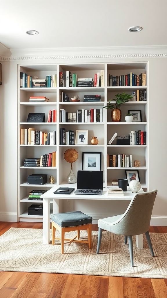 A modern office setup with a desk, chair, and integrated bookshelf filled with books and decor.