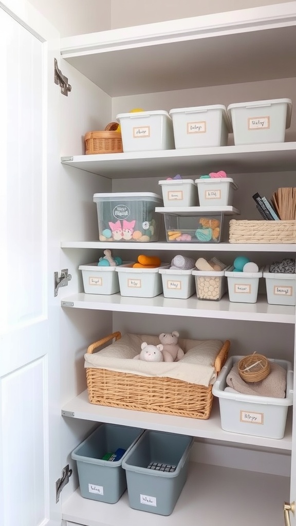 Organized baby cabinet with labeled bins and baskets.