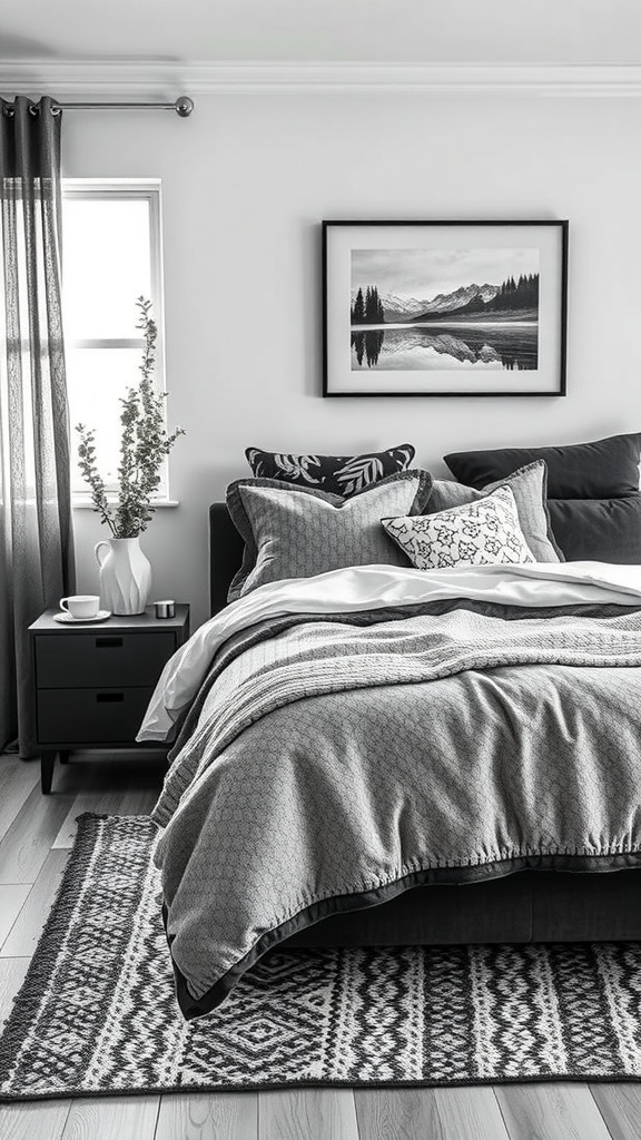 A cozy black and white bedroom featuring layered bedding and decorative pillows.
