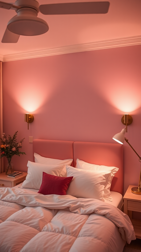 Cozy light pink bedroom with layered lighting, featuring a bed, bedside lamps, and soft curtains.