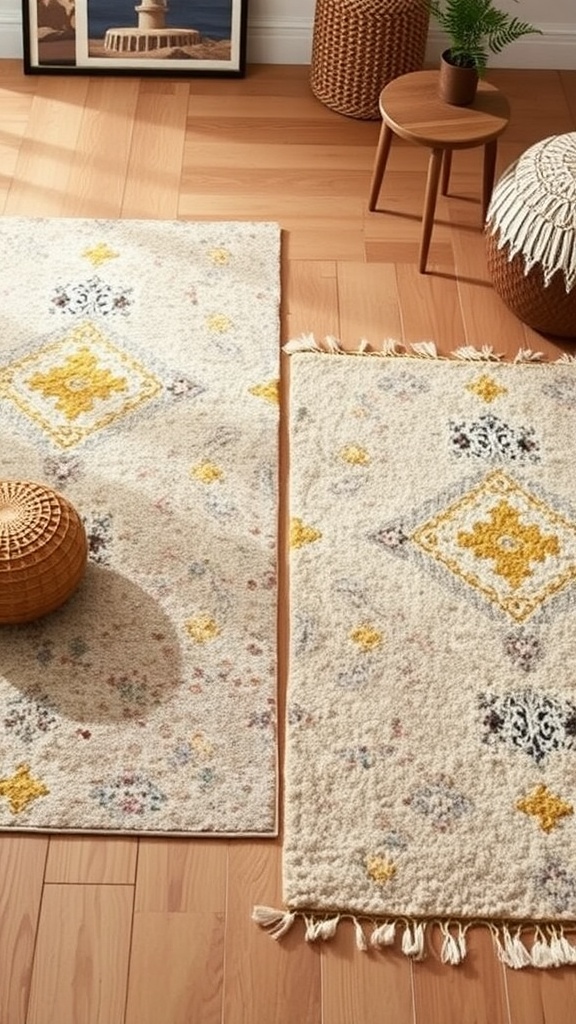 A layered rug with intricate patterns and gold accents in a cozy, boho bedroom setting.