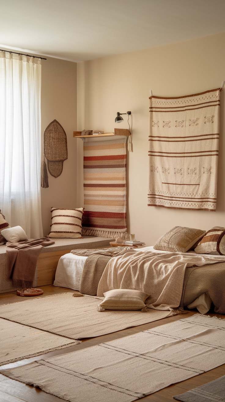 Cozy minimalist boho bedroom with layered textiles including blankets, pillows, and rugs.