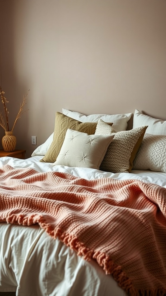 A cozy bedroom featuring layered textiles with a pink knitted throw and an assortment of decorative pillows.