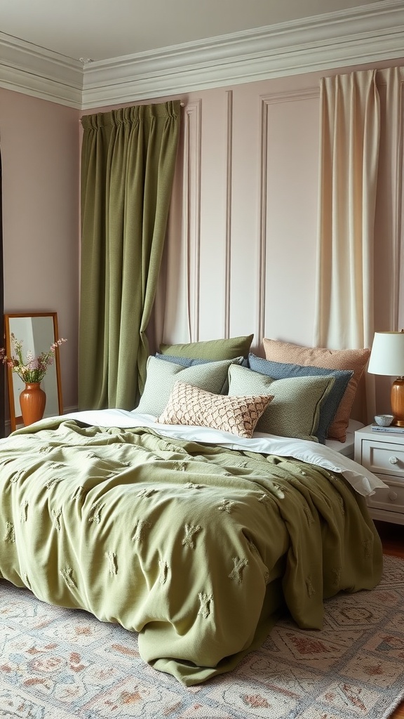 A cozy bedroom featuring sage green bedding, blush pink walls, and layered textures with various pillows and throws.