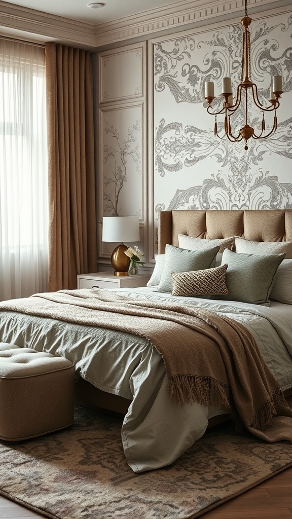 A cozy bedroom featuring layered textures with a bed, blanket, rug, and curtains.