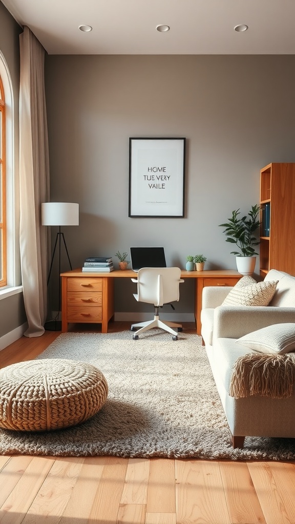 A cozy and stylish sitting room office combo featuring a desk, chair, and soft textures.