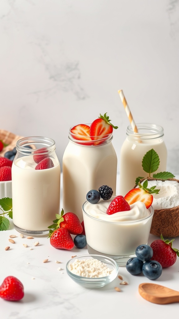 Various dairy products displayed with fresh strawberries and blueberries.