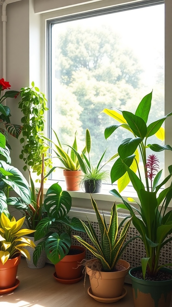 A bright home office with various potted plants near a window.