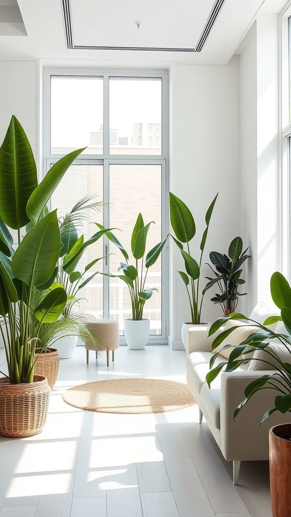 A bright indoor space with large green plants and a minimalist sofa.