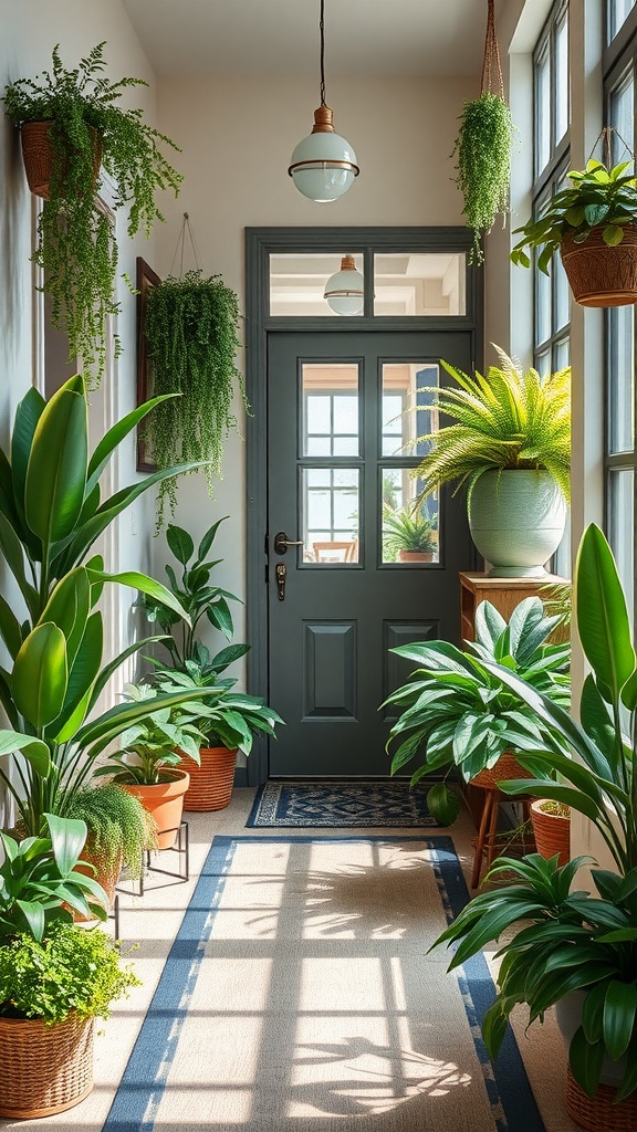 Entryway featuring various indoor plants in pots, including hanging plants and large leafy greens.