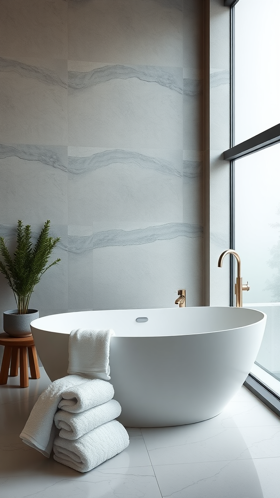 Luxurious freestanding bathtub in a stylish bathroom with modern decor.